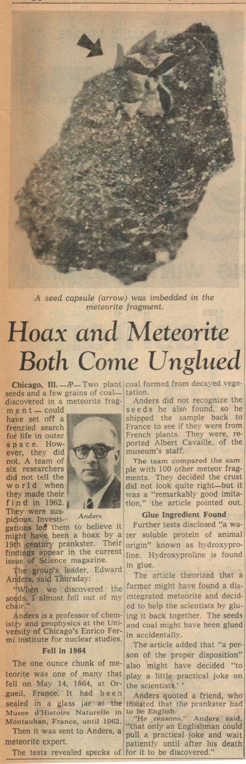 Hoax and Meteorite Both Come Unglued (The Milwaukee Journal, 27 Nov 1964)