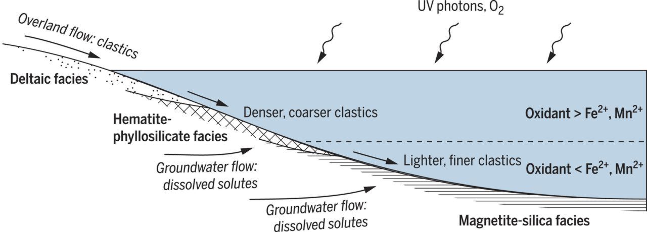 Model of physical transport and geochemical processes occurring during deposition of the Murray formation.